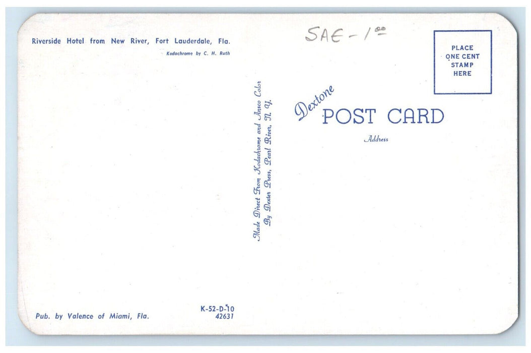 c1960 Riverside Hotel Pine Trees New River Fort Lauderdale Florida FL Postcard