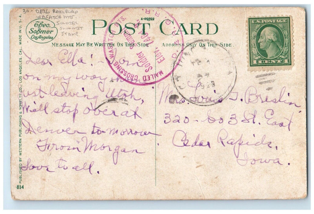 Home Of Pauline Frederick Derg Railroad Wasatch MTS Soldier Mail Stamp Postcard