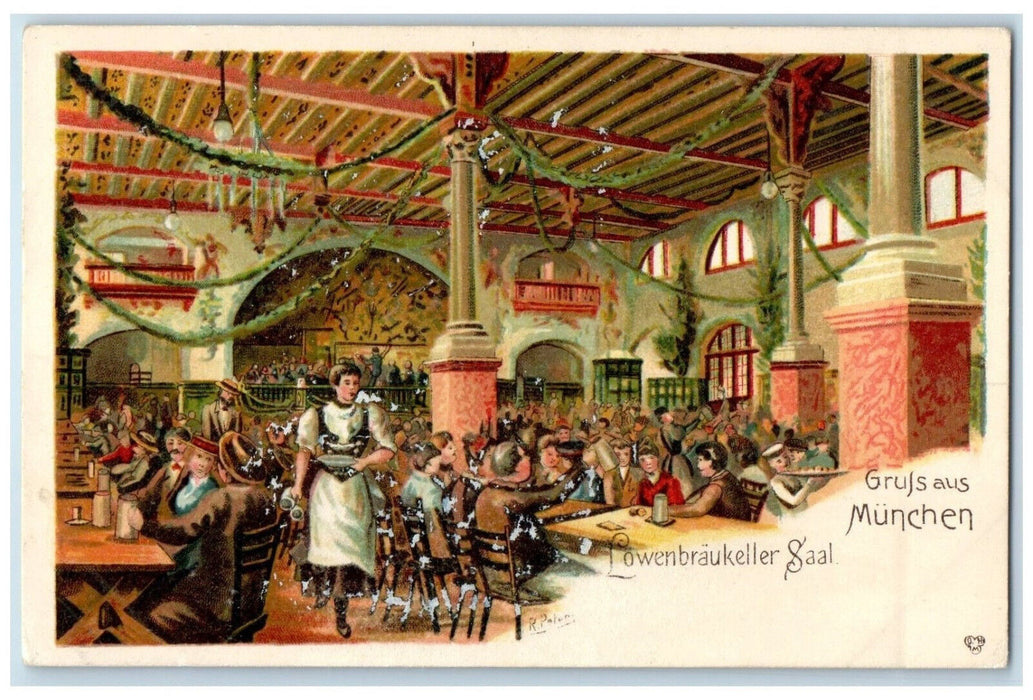 c1905 Lowen Braukeller Hall Greetings from Munich Germany Antique Postcard