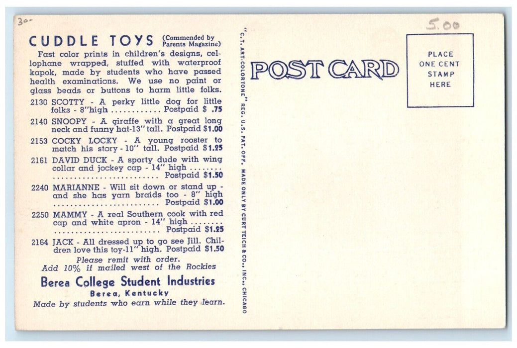 Cuddle Toys From Needlecraft Berea College Student Industries Berea KY Postcard