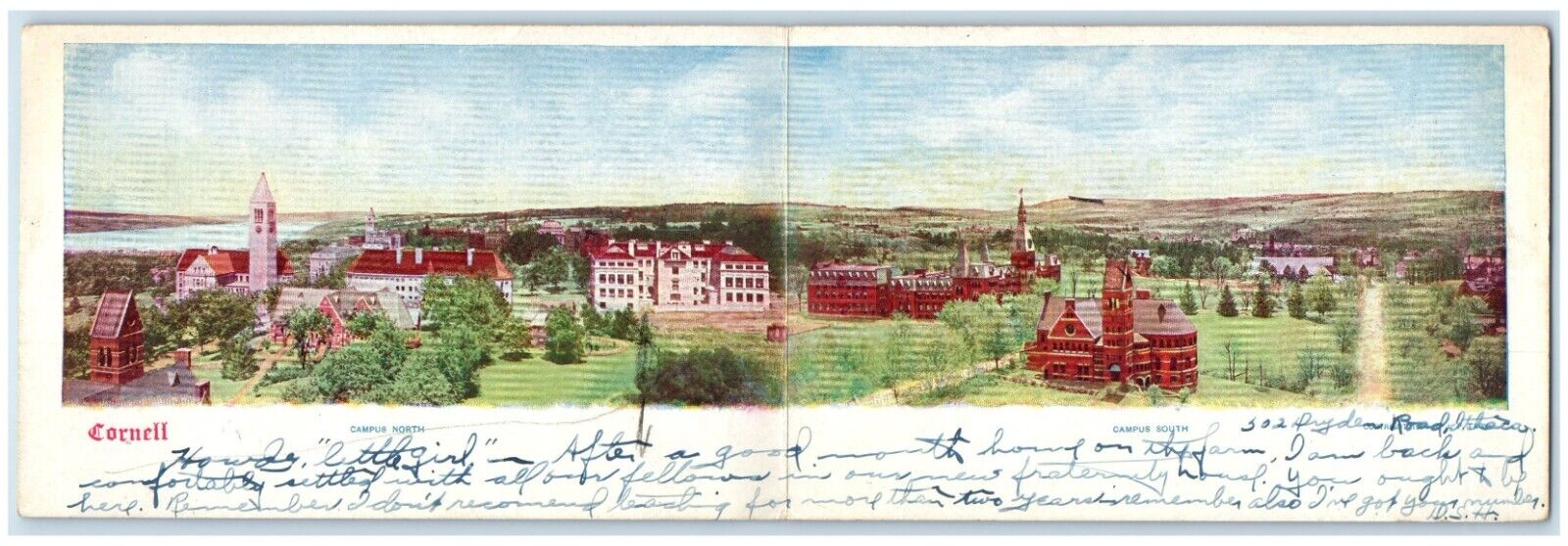 1913 Cornell Campus North Ithaca New York NY, Fold Out Panorama Antique Postcard