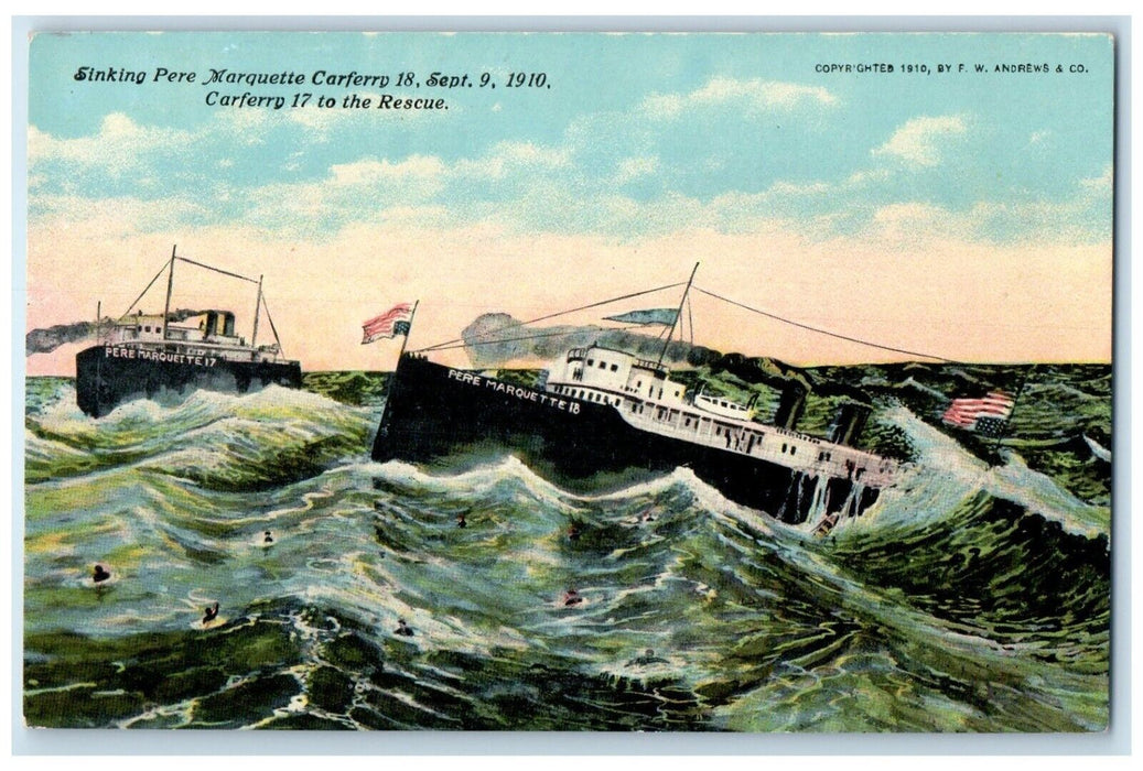 1910 Sinking Pere Marquette Carferry, Carferry 17 To The Rescue Antique Postcard