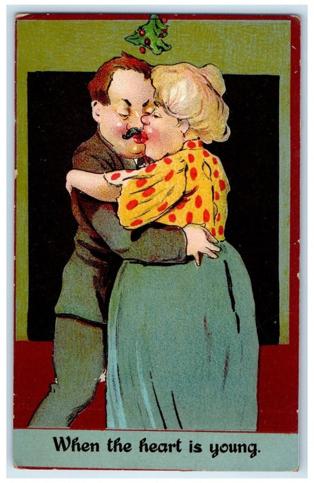 c1910's Christmas Mistletoe Couple Kissing Romance Embossed Antique Postcard