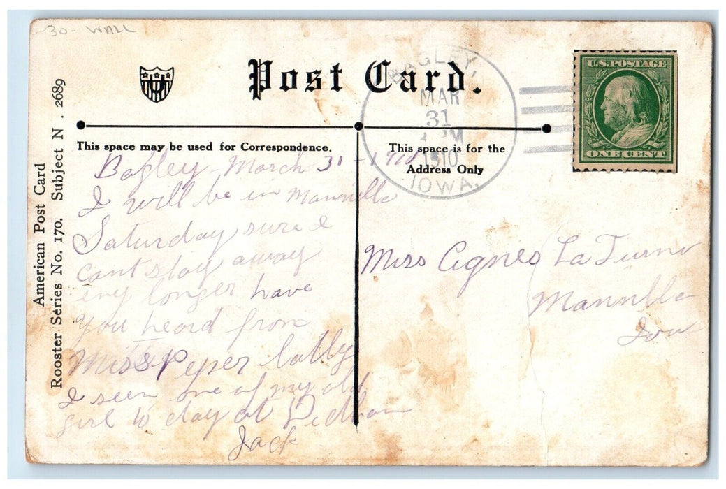 1910 Roster Chicken I'm Henpecked Wall Bagley Iowa IA Posted Antique Postcard