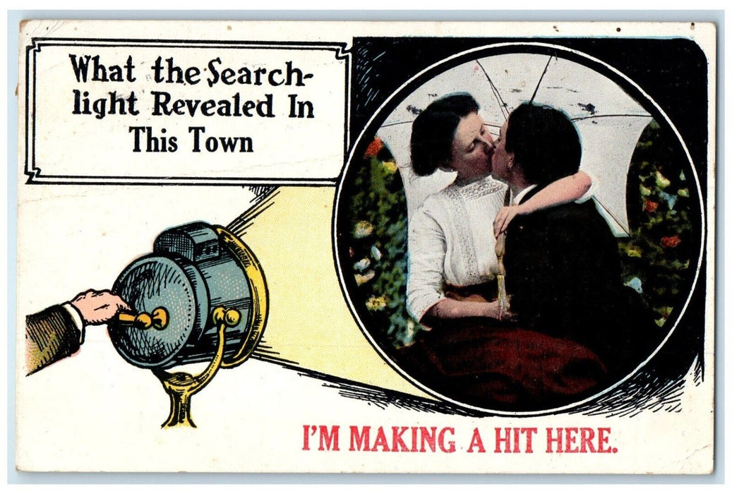 1916 Sweet Couple Kissing Romance Light I'm Making A Hit Here Antique Postcard