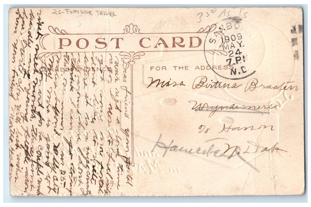 1909 Fortune Teller Cards Dominoes Double Ace Sanborn North Dakota ND Postcard