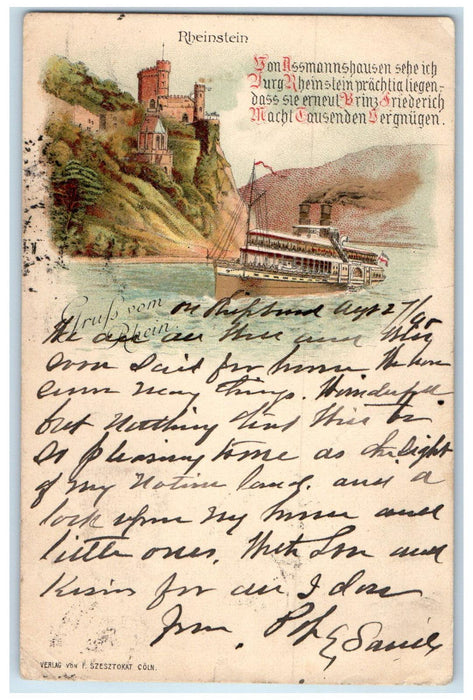 1895 Steamboat Castle Rheinstein Greetings from the Rhine Germany Postcard