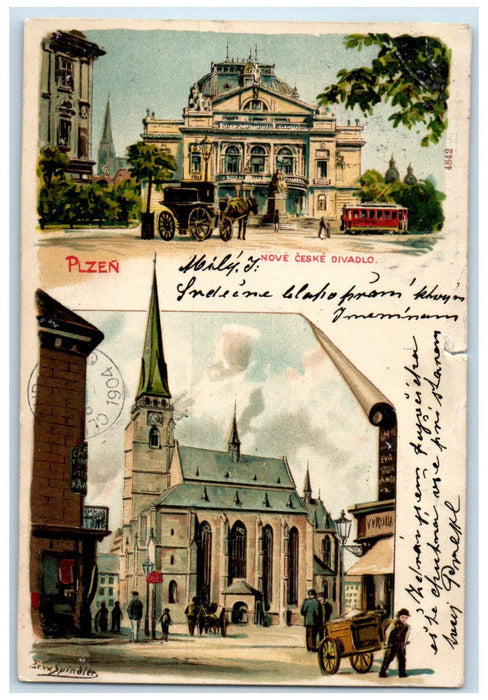 1904 New Ceske Theater Plzen Czech Republic Trolley Car Antique Postcard