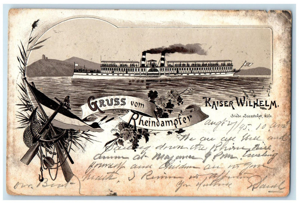 1895 Steamship Greetings from Rhine Steamer Kaiser Wilhelm Antique Postcard