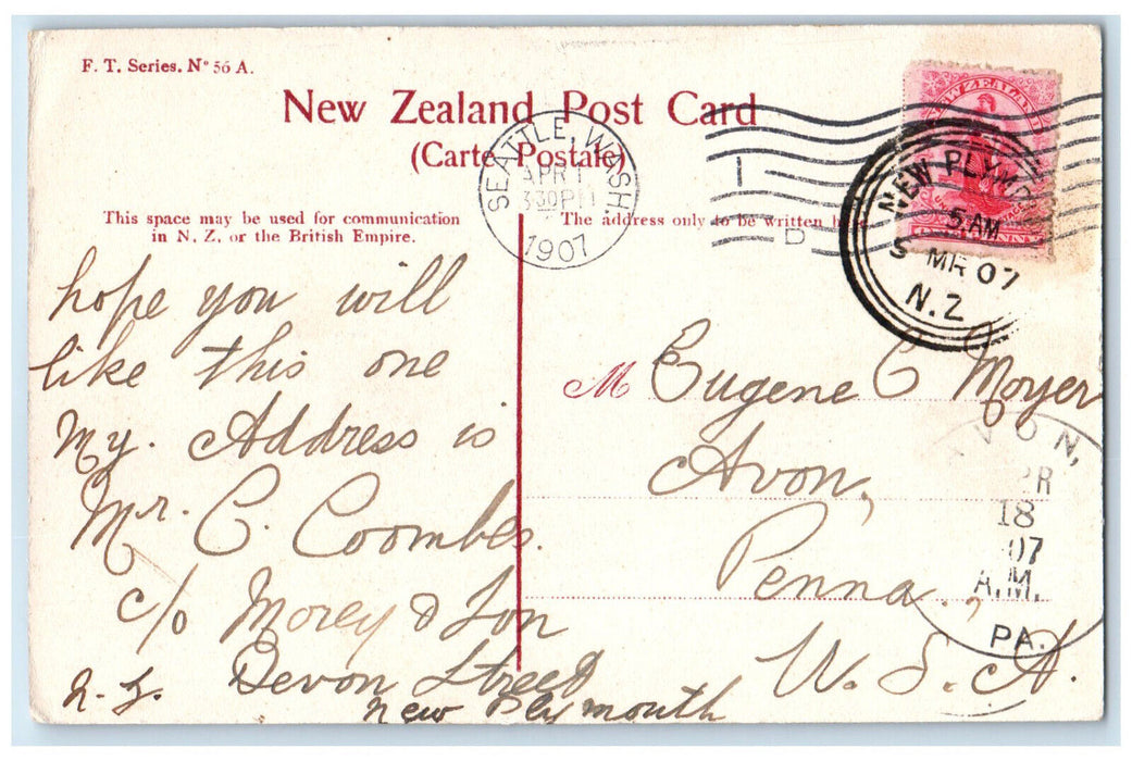 1907 New Plymouth from Fort New Zealand Avon PA FT Series Antique Postcard