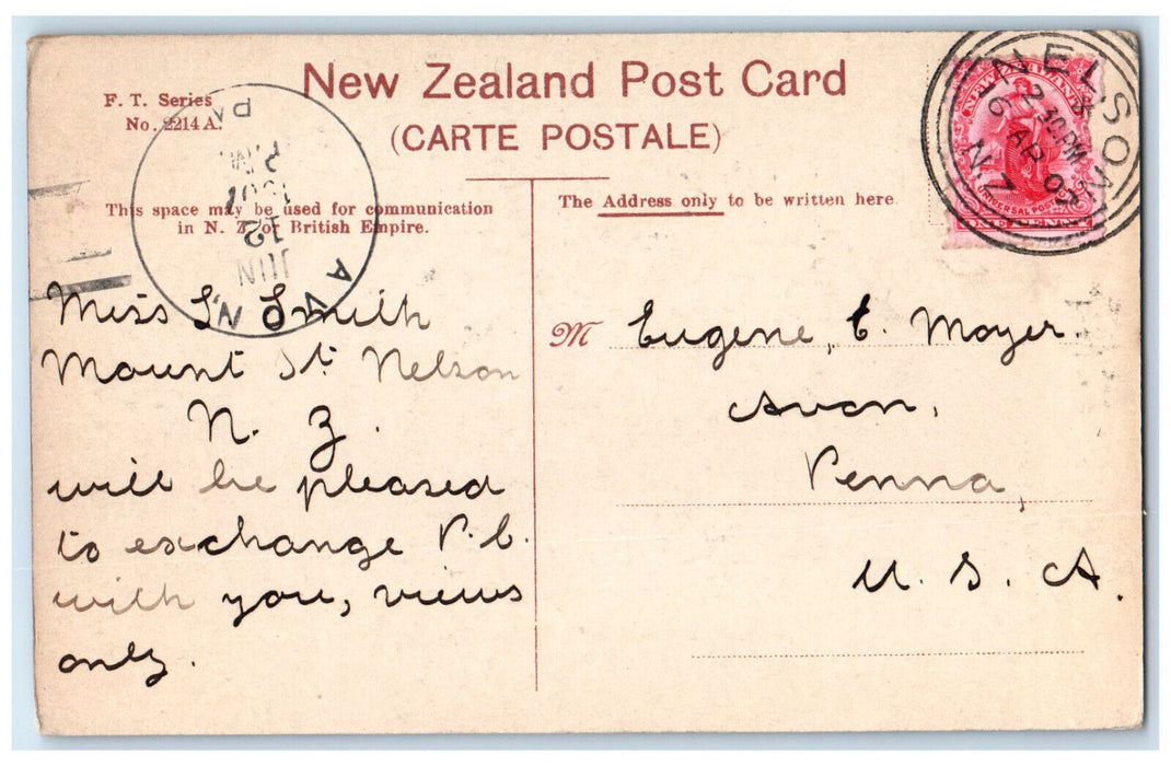 1907 Milford Sound New Zealand F.T. Series Avon PA Antique Postcard