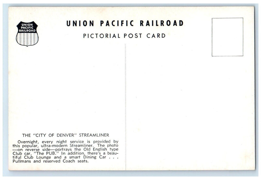 Union Pacific Railroad The City Of Denver Streamliner Dining Room Postcard