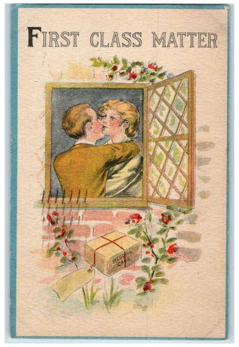 1914 Sweet Couple Romance First Class Matter Seneca Falls New York NY Postcard