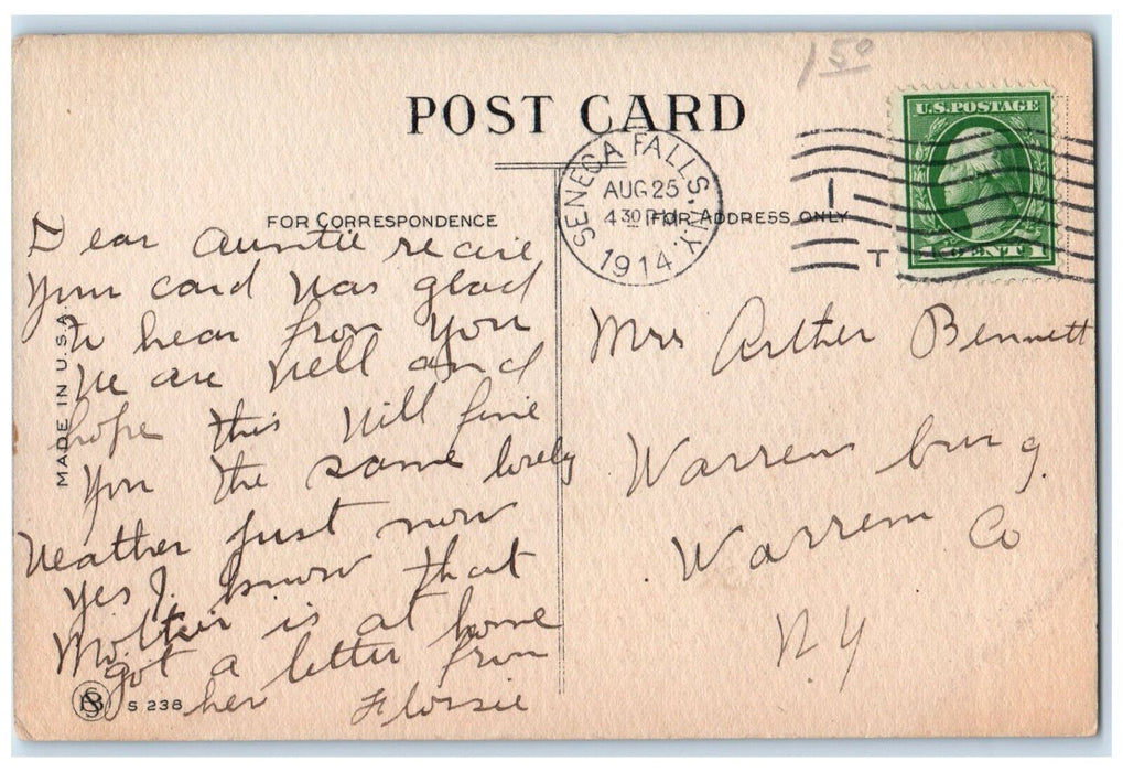 1914 Sweet Couple Romance First Class Matter Seneca Falls New York NY Postcard