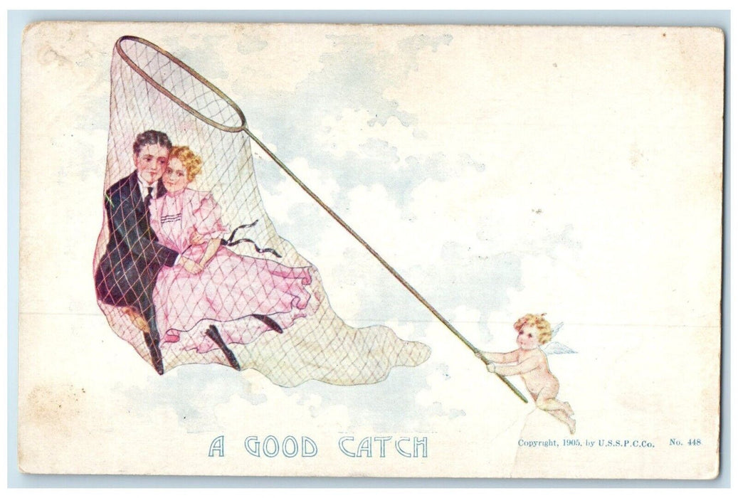 c1905 Valentine Cupid Angel Cached Couple Romance Net Unposted Antique Postcard