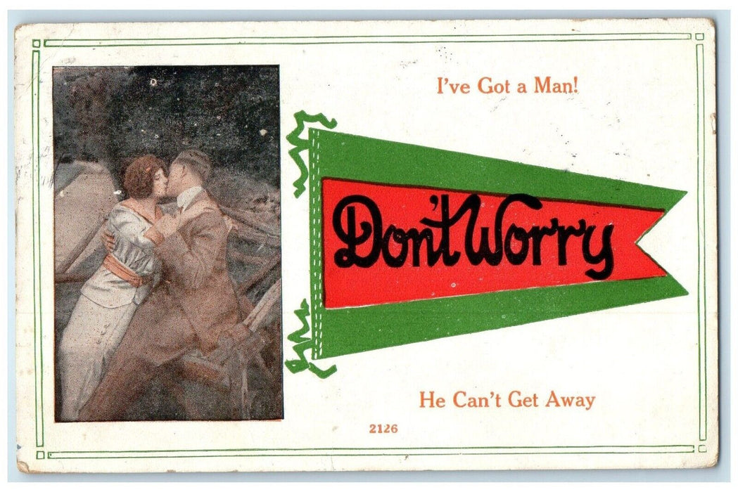 c1910's Sweet Couple Kissing Romance Don't Worry Pennant Antique Postcard