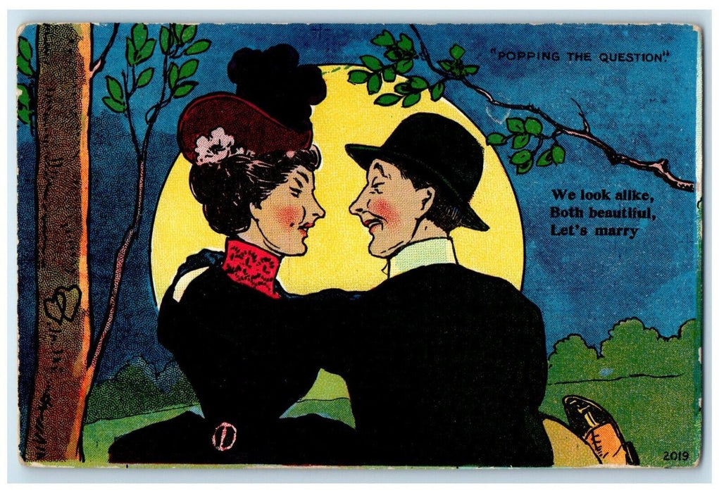 c1910's Ugly Sweet Couple Romance Full Moon View Posted Antique Postcard