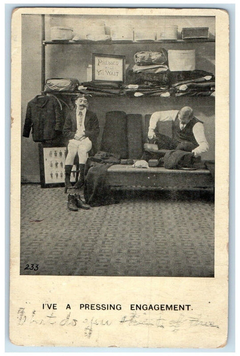 1907 Tailor Store Humor Coxsackie NY, I've A Pressing Engagement Posted Postcard