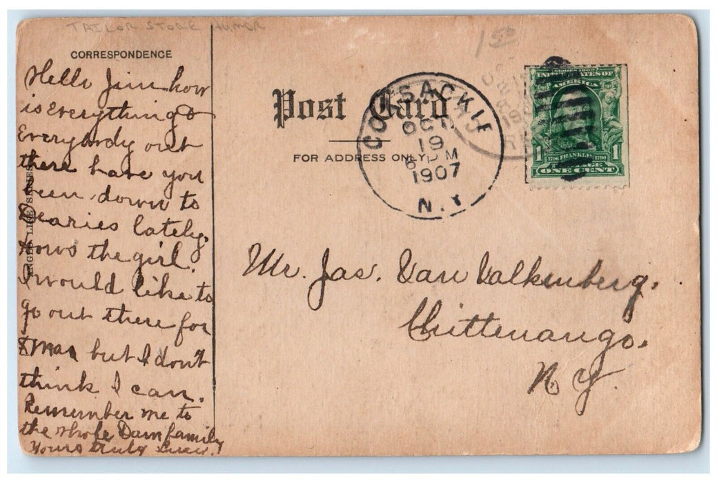 1907 Tailor Store Humor Coxsackie NY, I've A Pressing Engagement Posted Postcard