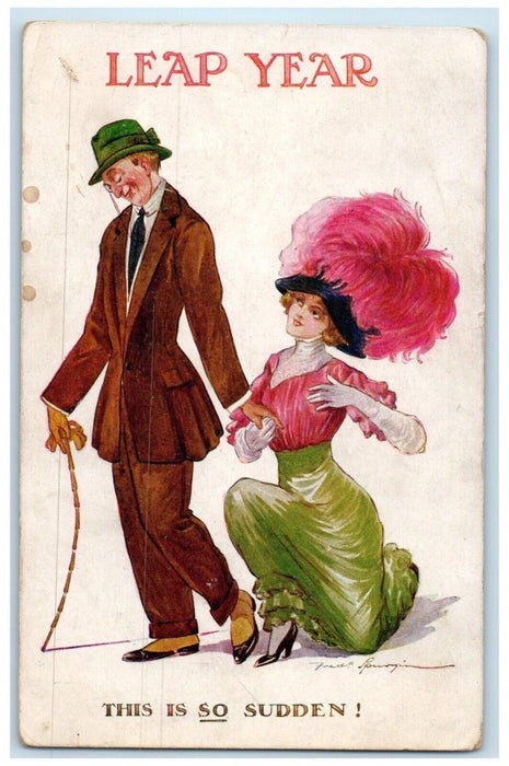 c1910's Leap Year Couple Romance Feather Hat This Is So Sudden Erie MI Postcard