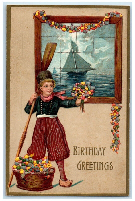 Birthday Greetings Dutch Boy Paddle With Flowers In Basket Embossed Postcard