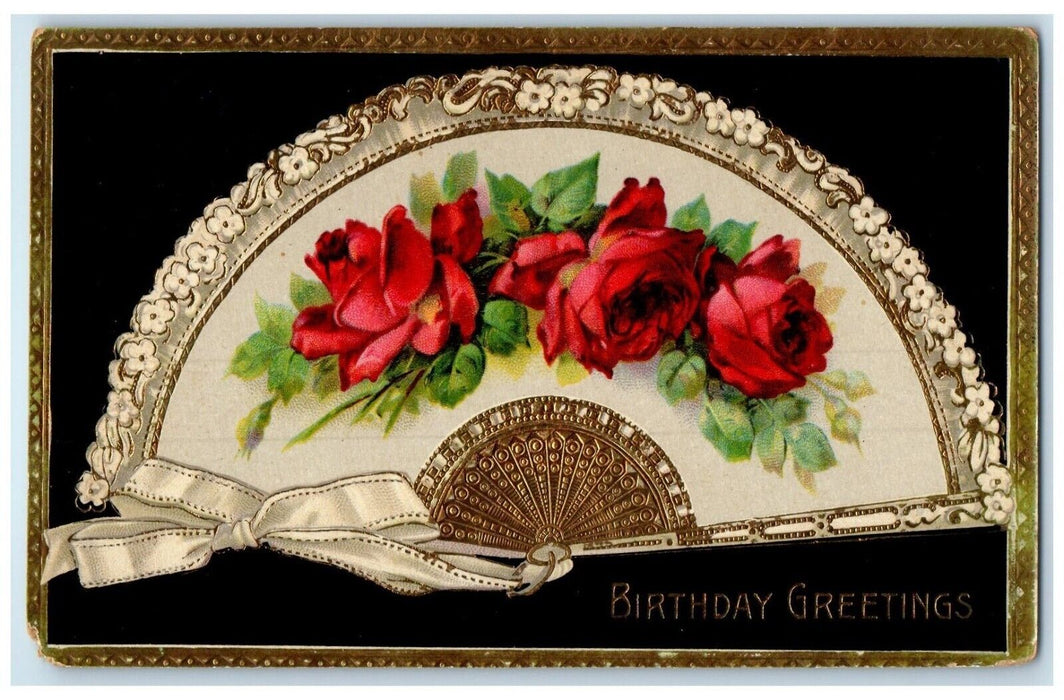 1913 Birthday Greetings Fan Red Roses Design Gel Gold Gilt Antique Postcard