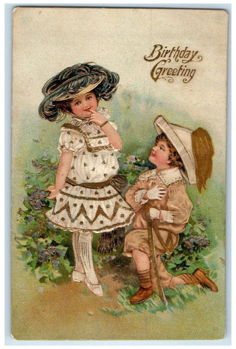 1909 Birthday Greetings Little Sweetheart Bended Knee Embossed Antique Postcard