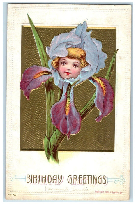 c1910's Birthday Greetings Girl Head In Flowers Embossed Antique Postcard