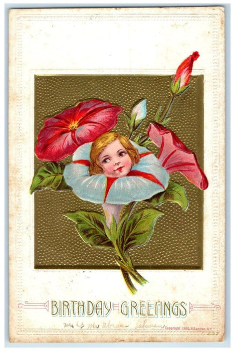 c1910's Birthday Greetings Girl Head In Flowers Wakarusa Indiana IN Postcard