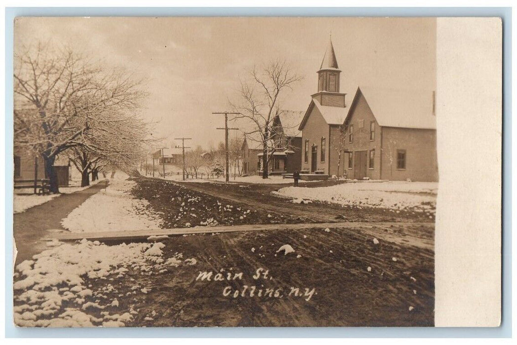 c1910's Main Street View Church Dirt Road Snow Collins NY RPPC Photo Postcard