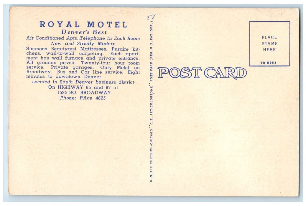c1940s Royal Motel Exterior Scene Roadside Denver Colorado CO Unposted Postcard