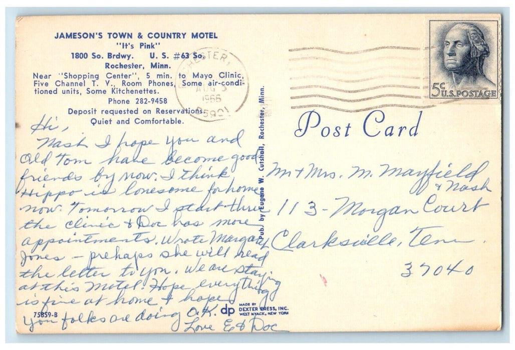 1966 Jameson's Town Country Motel It's Pink Rochester Minnesota Vintage Postcard