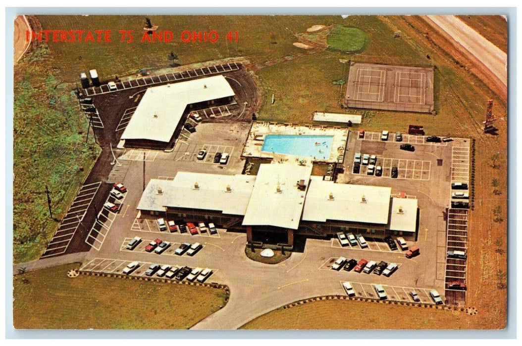 c1960 Aerial View Trojan Motor Inn Pool Exterior Building Troy Ohio OH Postcard