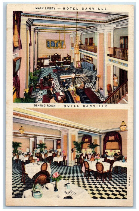 c1940 Main Lobby Hotel Danville Dining Room Interior Building Virginia Postcard