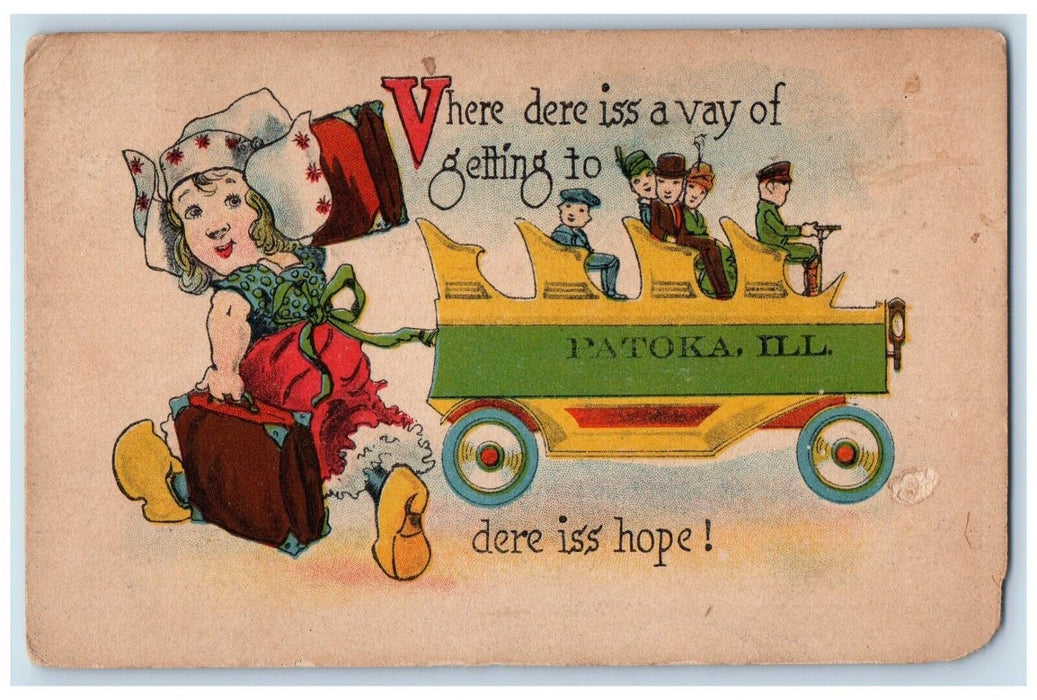 1915 Vhere Dere iss Vay Getting To People Riding On Car Patoka Illinois postcard