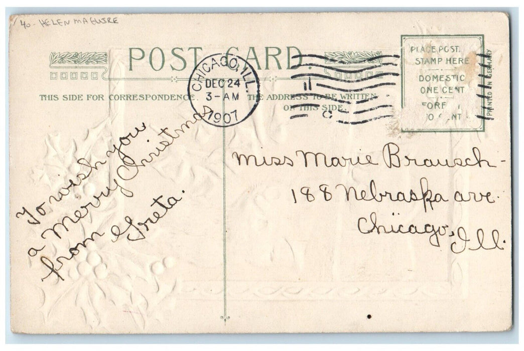 1907 Christmas Holly Cute Cat Embossed Helen Maguire Chicago IL Antique Postcard