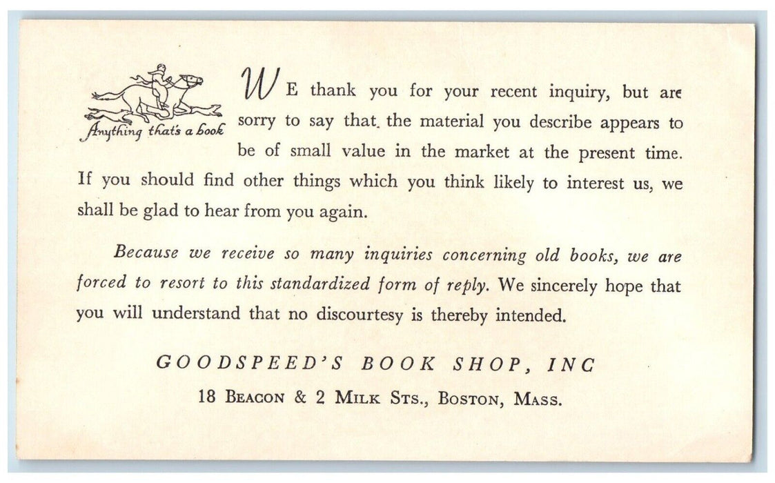 1940 Anything That's A Book Godspeed Book Shop Inc Boston Massachusetts Postcard