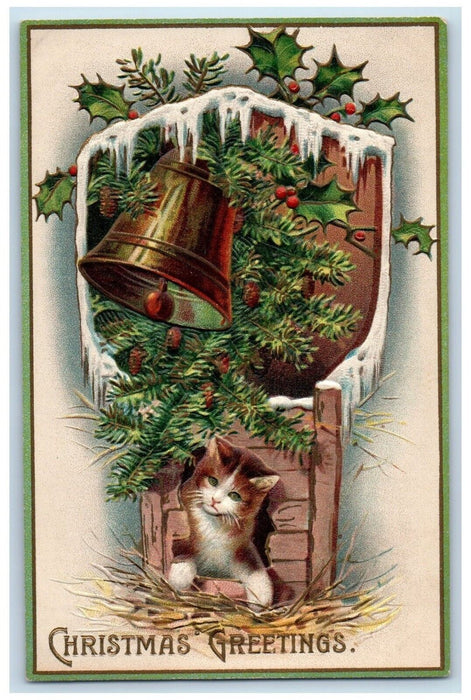 c1910's Christmas Greetings Cat Kitten Holly Pine Cone Bells Embossed Postcard