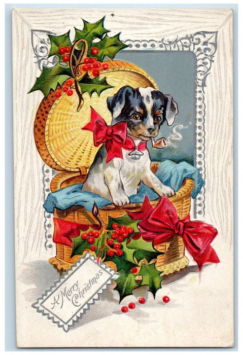 c1910's Christmas Beagle Dog Smoking Pipe In Basket Embossed Bamforth Postcard