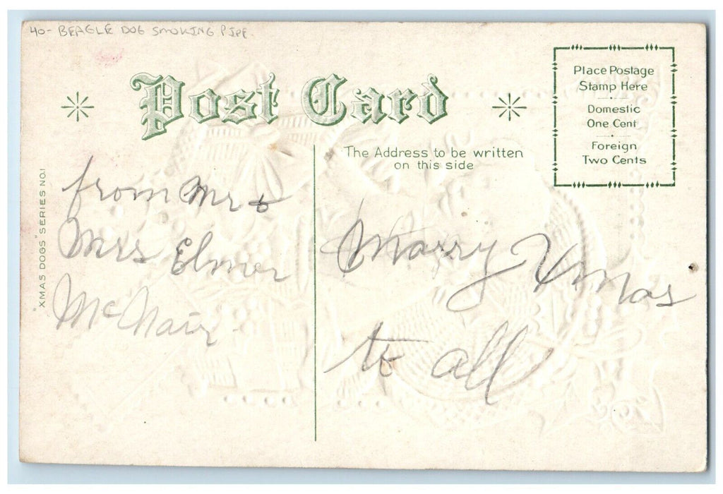 c1910's Christmas Beagle Dog Smoking Pipe In Basket Embossed Bamforth Postcard