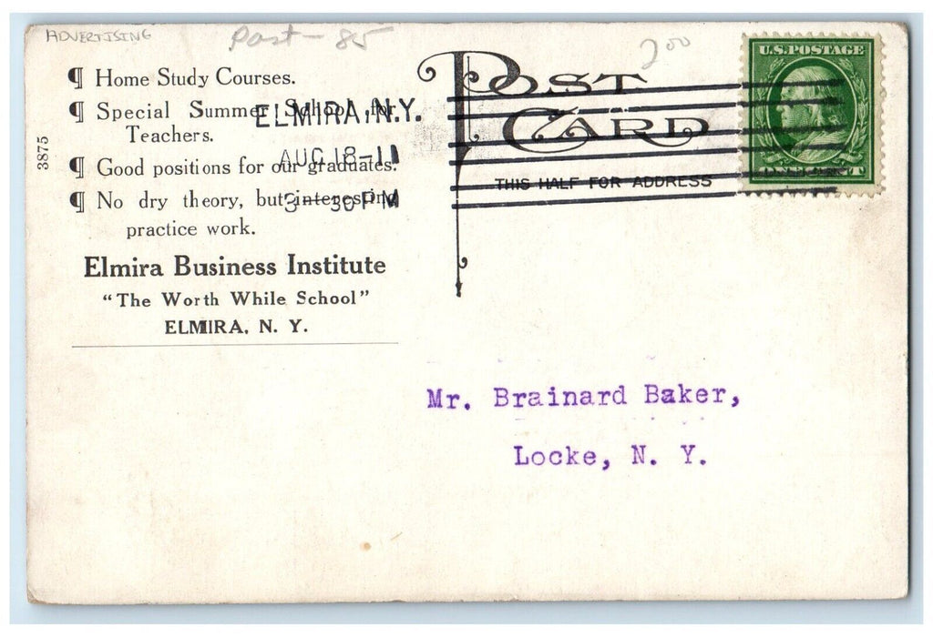 1911 Worth While School Elmira Business Institute Elmira NY Advertising Postcard