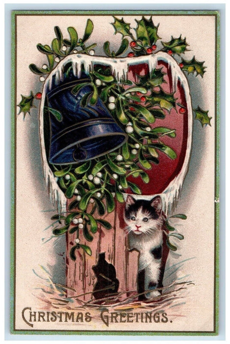 c1910's Christmas Greetings Cat Kitten Holly Bell Embossed Antique Postcard