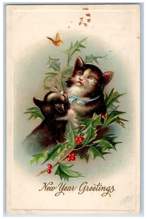 New Year Greetings Cute Cats Holly Butterfly Clapsaddle (?) Embossed Postcard