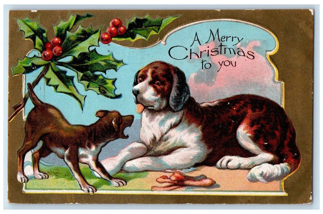 1908 Christmas Large Dog Bones Holly Berries Embossed Bamforth Antique Postcard