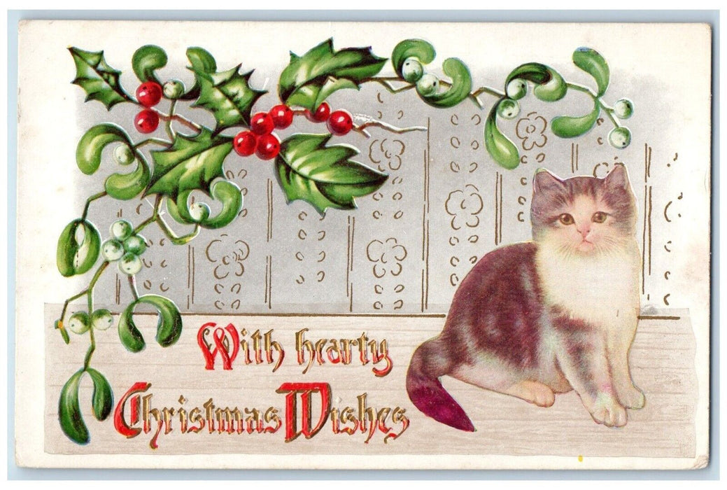 c1910's Christmas Wishes Car Kitten Holly Berries Embossed Antique Postcard