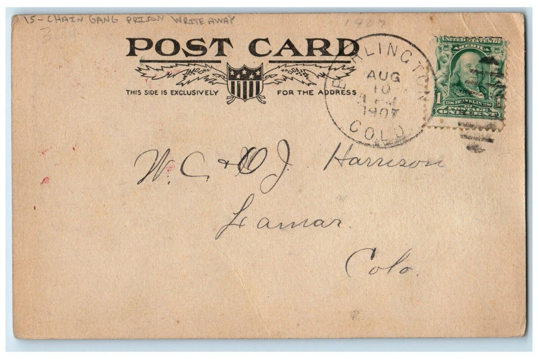 1907 Chain Gang Prison Write Away Hammer Rock Burlington Colorado CO Postcard