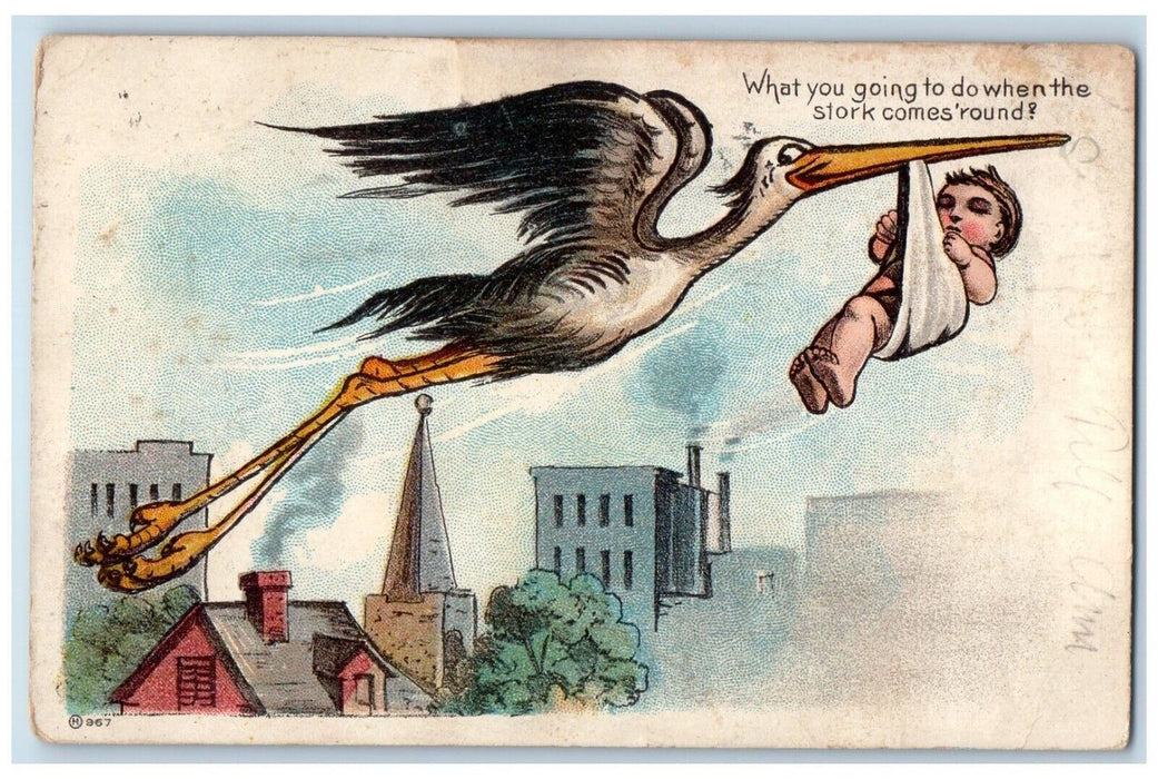 1909 Stork Delivering Baby Cleveland Ohio Posted Antique Postcard