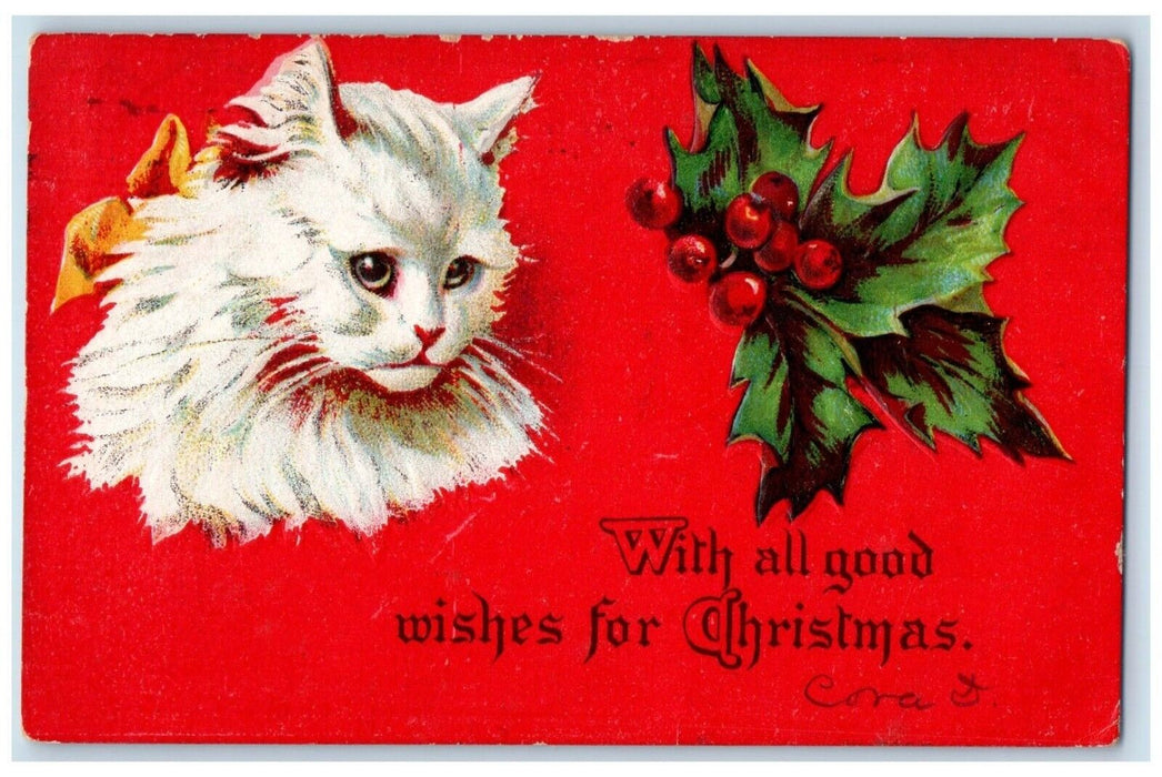 1910 Christmas Holly Cute Cat Embossed Elmira New York NY Antique Postcard