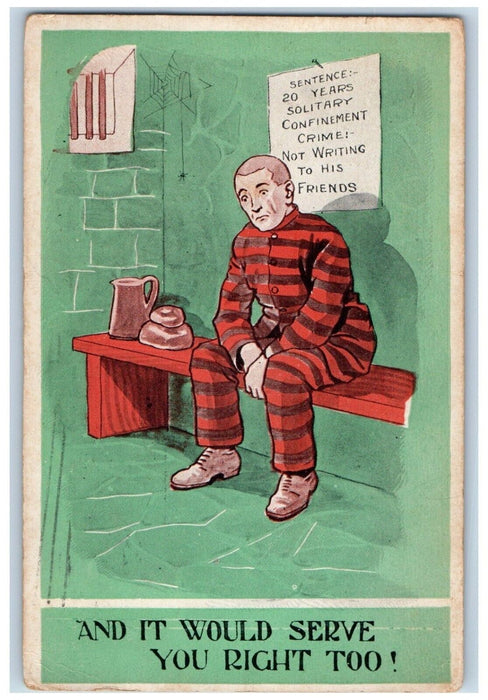 1915 Man In Prison Checkered Suit Comic Humor Bamforth Posted Antique Postcard