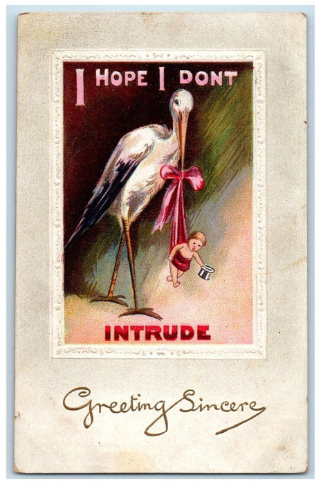 1909 Greeting Sincere Stork Delivering Baby Embossed Posted Antique Postcard